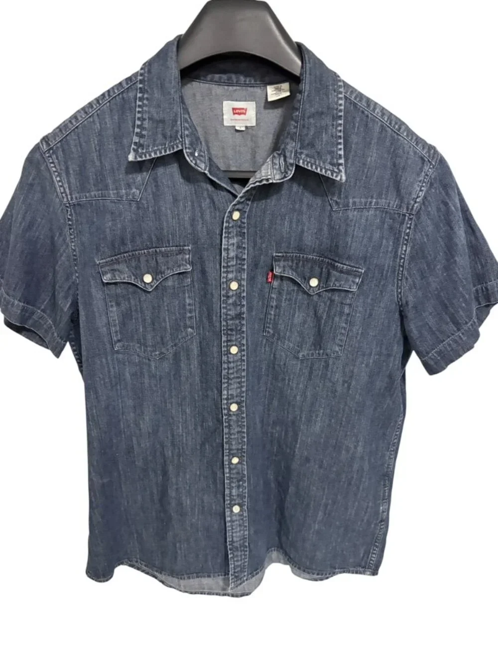 Levi's Men's Size Large Western Shirt Short Sleeve Pearl Snap Dark Wash Denim